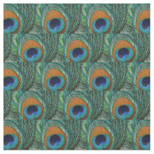 Peacock Feather Fabric - Tan, Aqua, Blue, Green