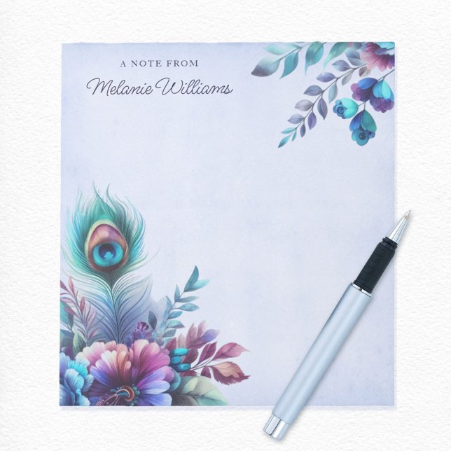 Peacock Feather Floral Watercolor Personalised Notepad (Creator Uploaded)