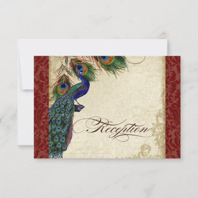 Peacock & Feather Formal Reception Invite Burgundy (Front)