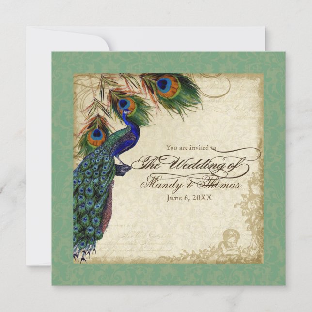 Peacock & Feather Formal Wedding Invite Green (Front)