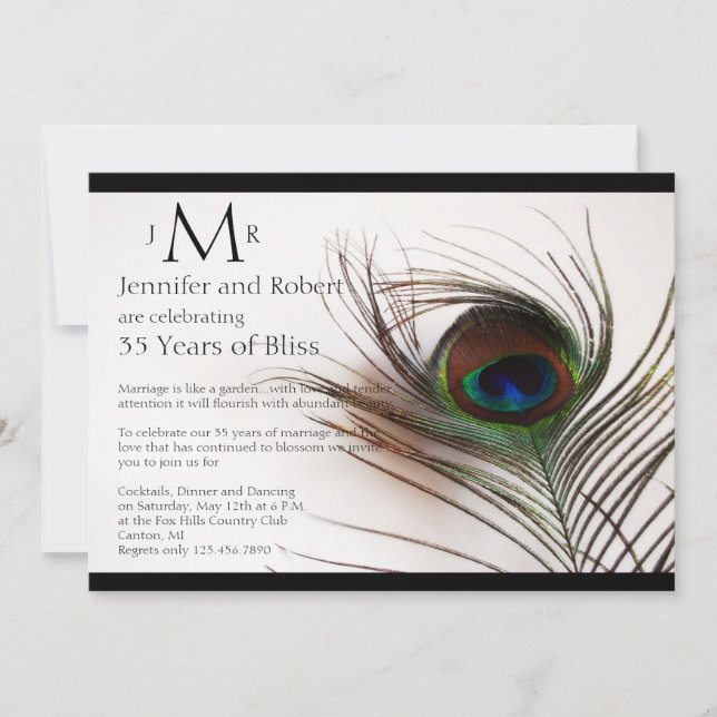 Peacock Feather Glamour Wedding Anniversary Invitation (Front)