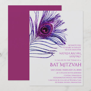 Peacock Feather Glitter Purple Bat Mitzvah Logo Invitation