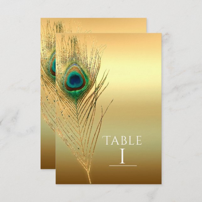 Peacock Feather Gold Exotic Boho Chic Table Number (Front/Back)