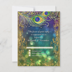Peacock Feather Gold Glitter Jewelled Wedding RSVP Card