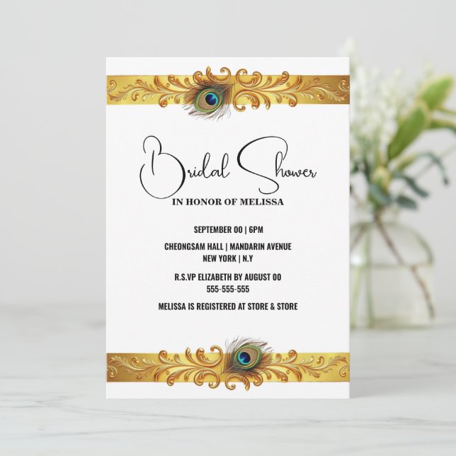 Peacock feather gold white band minimalist plain  invitation (Standing Front)