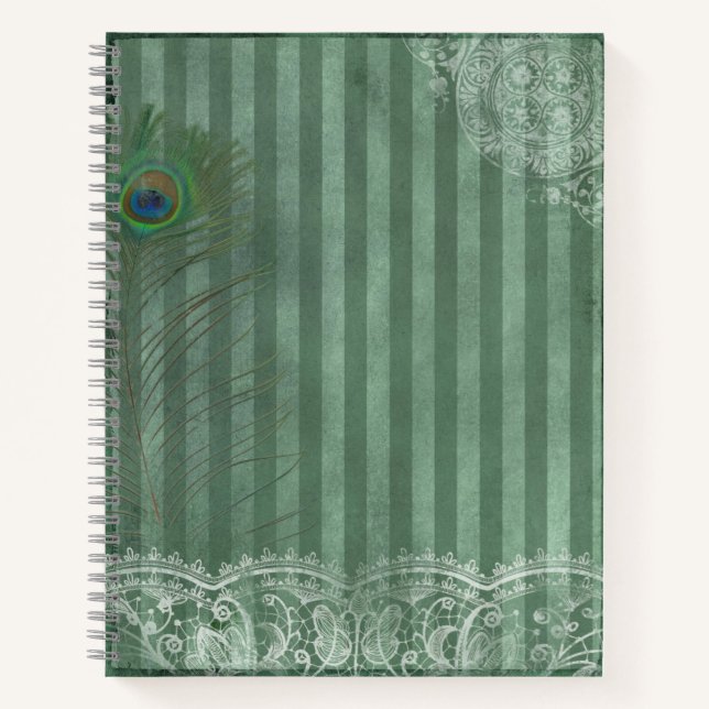 Peacock  Feather Green Stripe Vintage Journal (Front)