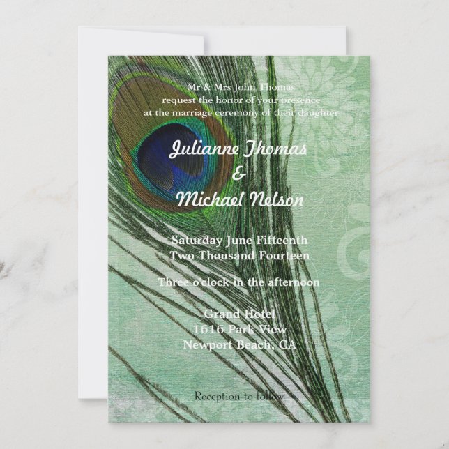 Peacock Feather Green Wedding Invitation (Front)