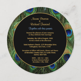 Peacock Feather Green Wedding Invitation Round