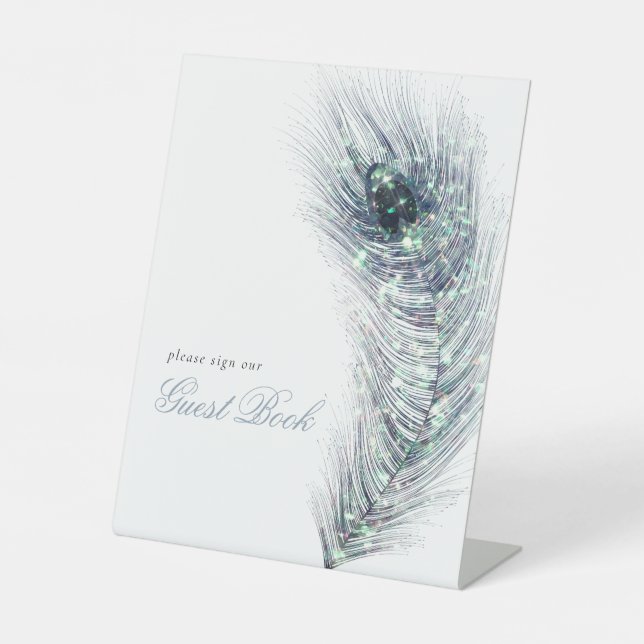 Peacock Feather Guest Book Wedding Pedestal Sign (Front)