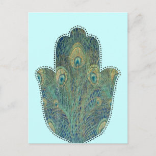 Peacock Feather Hamsa Boho Judaica Postcard