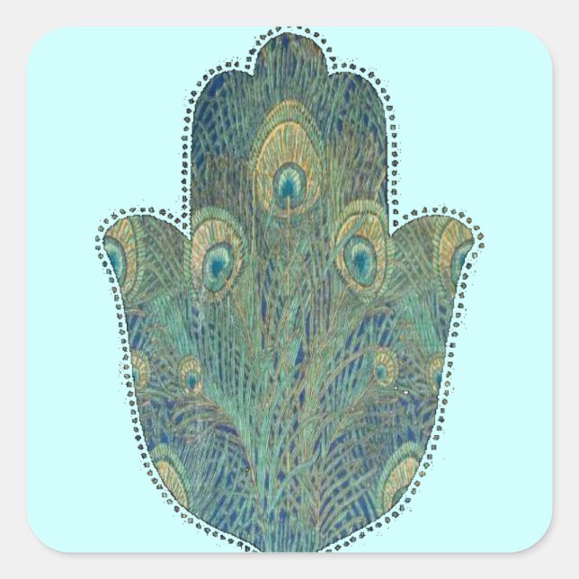 Peacock Feather Hamsa  Boho Judaica Square Sticker (Front)