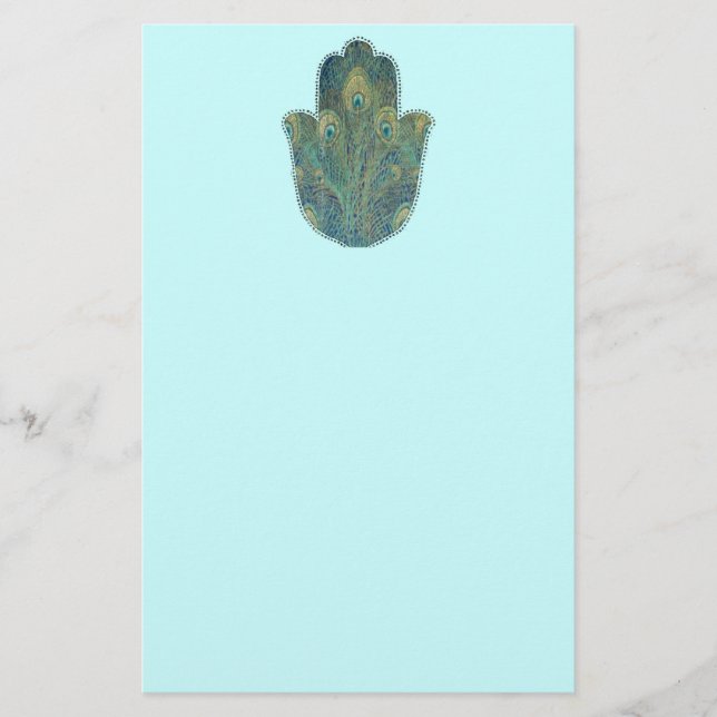 Peacock Feather Hamsa  Boho Judaica Stationery (Front)