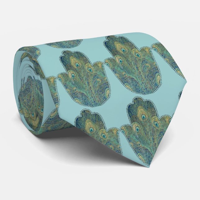 Peacock Feather Hamsa  Boho Judaica Tie (Rolled)