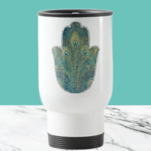 Peacock Feather Hamsa  Boho Judaica Travel Mug