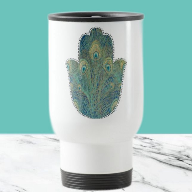 Peacock Feather Hamsa  Boho Judaica Travel Mug (Creator Uploaded)