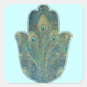 Peacock Feather Hamsa Square Sticker