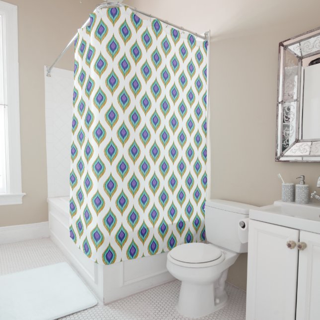 Peacock Feather Ikat Pattern Shower Bath Decor Curtain (In Situ)