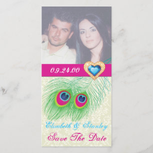 Peacock feather jewel heart wedding Save the Date