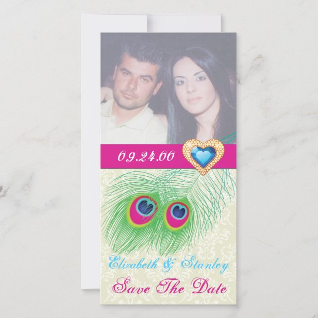 Peacock feather jewel heart wedding Save the Date (Front)