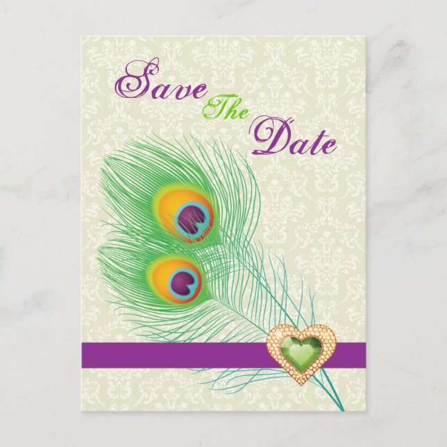 Peacock feather jewel heart wedding Save the Date Announcement Postcard (Front)