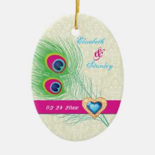 Peacock feather jewel heart wedding Save the Date Ceramic Tree Decoration