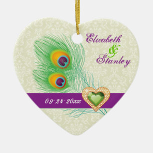 Peacock feather jewel heart wedding Save the Date Ceramic Tree Decoration