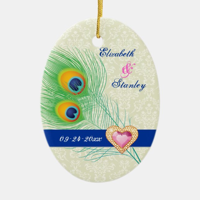 Peacock feather jewel heart wedding Save the Date Ceramic Tree Decoration (Front)
