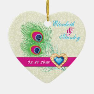 Peacock feather jewel heart wedding Save the Date Ceramic Tree Decoration