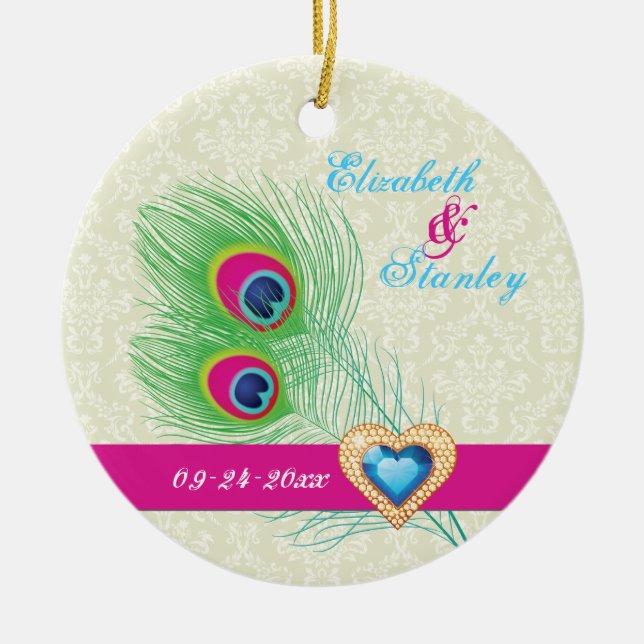 Peacock feather jewel heart wedding Save the Date Ceramic Tree Decoration (Front)