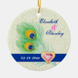 Peacock feather jewel heart wedding Save the Date Ceramic Tree Decoration