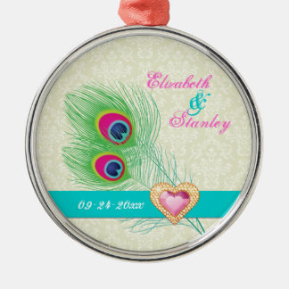 Peacock feather jewel heart wedding Save the Date Metal Tree Decoration