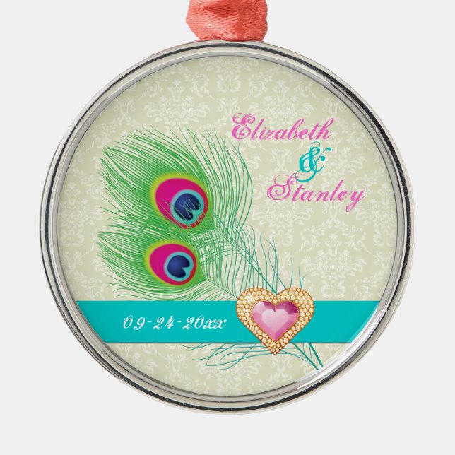 Peacock feather jewel heart wedding Save the Date Metal Tree Decoration (Front)
