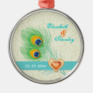 Peacock feather jewel heart wedding Save the Date Metal Tree Decoration