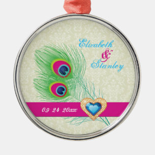 Peacock feather jewel heart wedding Save the Date Metal Tree Decoration