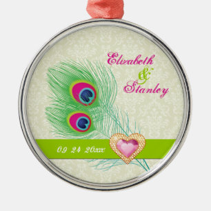 Peacock feather jewel heart wedding Save the Date Metal Tree Decoration