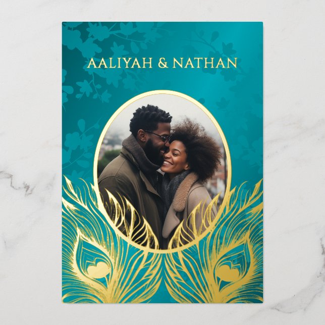 Peacock Feather Jewel Tone Gold Wedding  (Front)