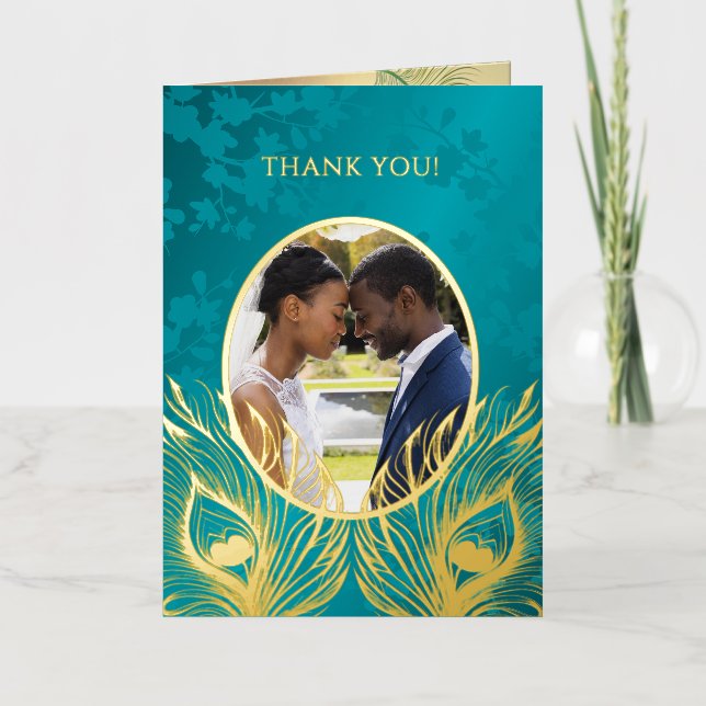 Peacock Feather Jewel Tone Gold Wedding  Foil Greeting Card (Front)