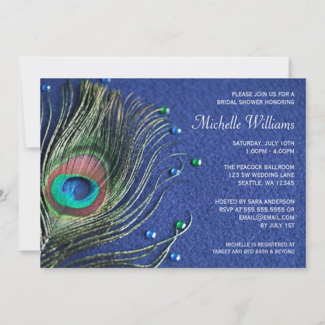Peacock Feather Jewels Blue Bridal Shower Invitation (Front)