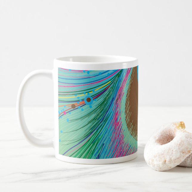Peacock feather lines background coffee mug (With Donut)