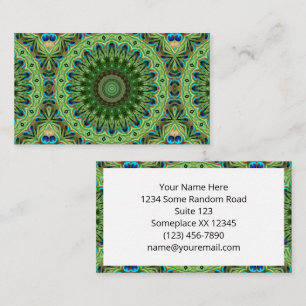 Peacock Feather Mandala Emerald and Blue Symmetry Business Card