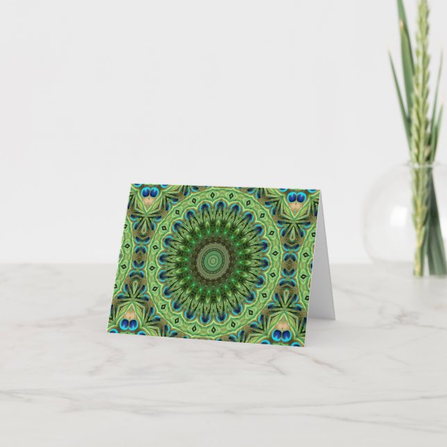Peacock Feather Mandala Emerald and Blue Symmetry Card (Front)