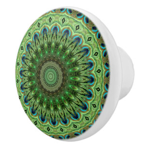 Peacock Feather Mandala Emerald and Blue Symmetry Ceramic Knob