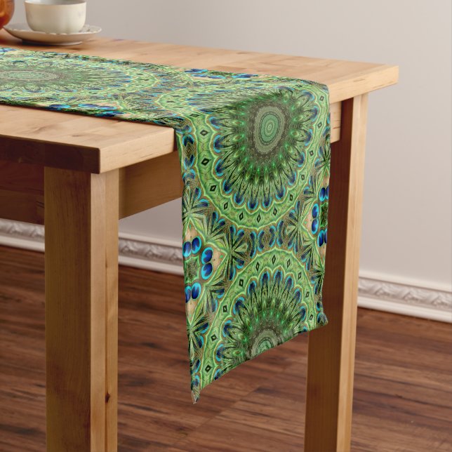 Peacock Feather Mandala Emerald and Blue Symmetry Medium Table Runner (In Situ)