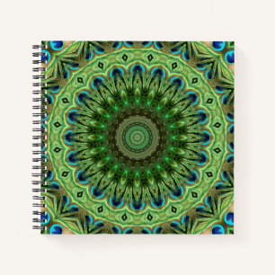 Peacock Feather Mandala Emerald and Blue Symmetry Notebook