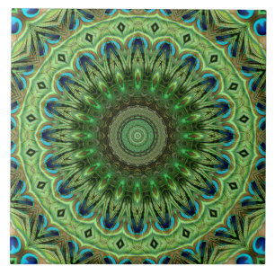 Peacock Feather Mandala Emerald and Blue Symmetry Tile