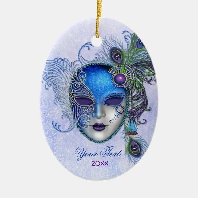Peacock Feather Masquerade Mask Ceramic Tree Decoration (Front)