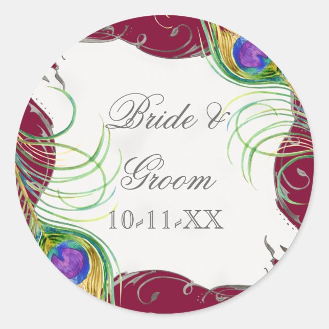 Peacock Feather n Swirls - Wedding Seals Stickers (Front)