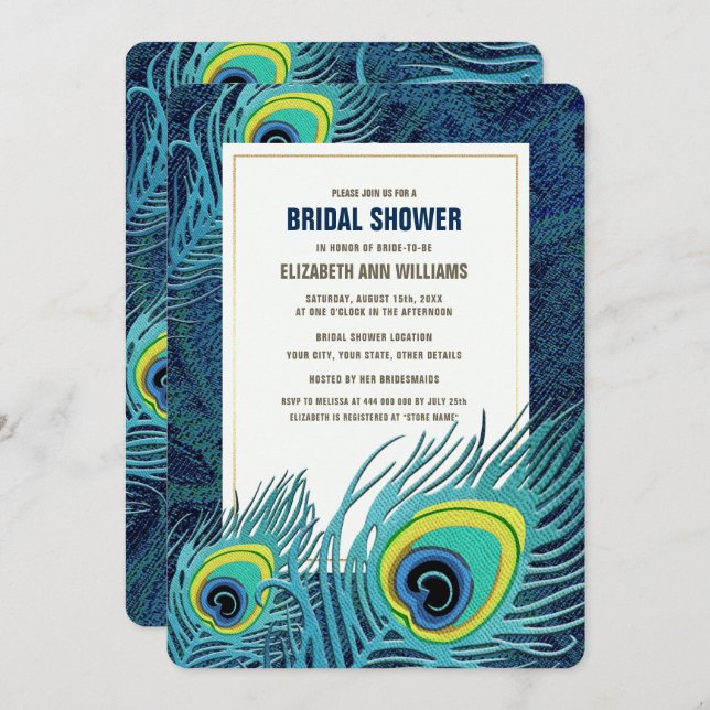 Peacock Feather Navy Blue Gold Bridal Shower Invitation (Front/Back)