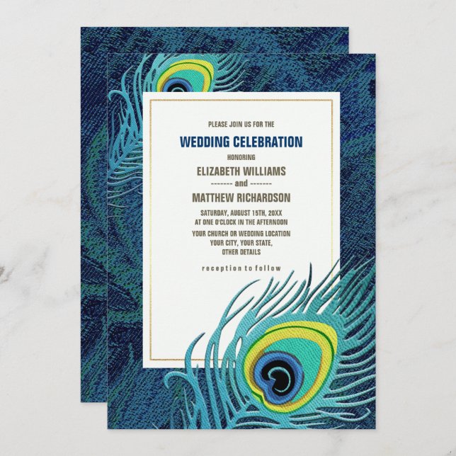 Peacock Feather Navy Blue Gold Wedding Invitation (Front/Back)
