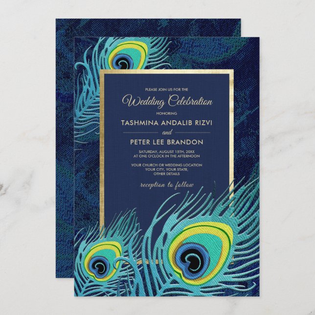 Peacock Feather Navy Blue Gold Wedding Invitation (Front/Back)
